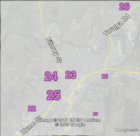 Two-party-preferred swings in the town of Goulburn at the 2015 NSW state election.