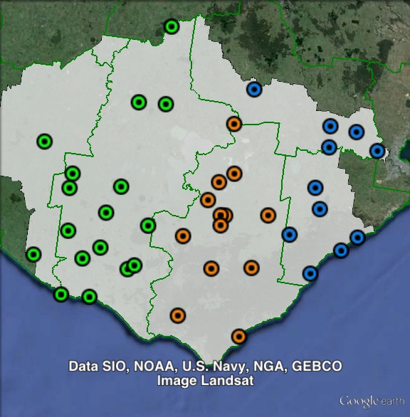 Polling places in Polwarth at the 2014 Victorian state election. Central in orange, East in blue, West in green. Click to enlarge.