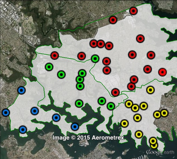 Polling places in North Sydney at the 2013 federal election. Hunters Hill in blue, Lane Cove in green, North Sydney in yellow, Willoughby in red. Click to enlarge.