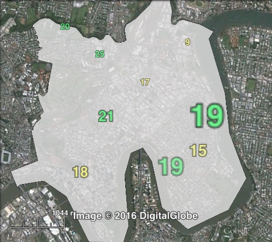 Greens primary votes for councillor in Central at the 2012 Brisbane City Council election.