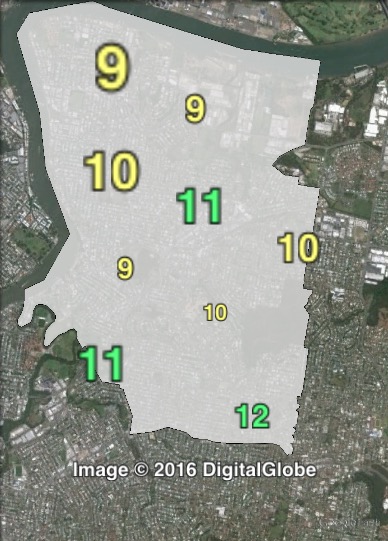 Greens primary votes for mayor in Morningside at the 2012 Brisbane City Council election.