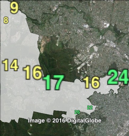 Greens primary votes for councillor in The Gap at the 2012 Brisbane City Council election.