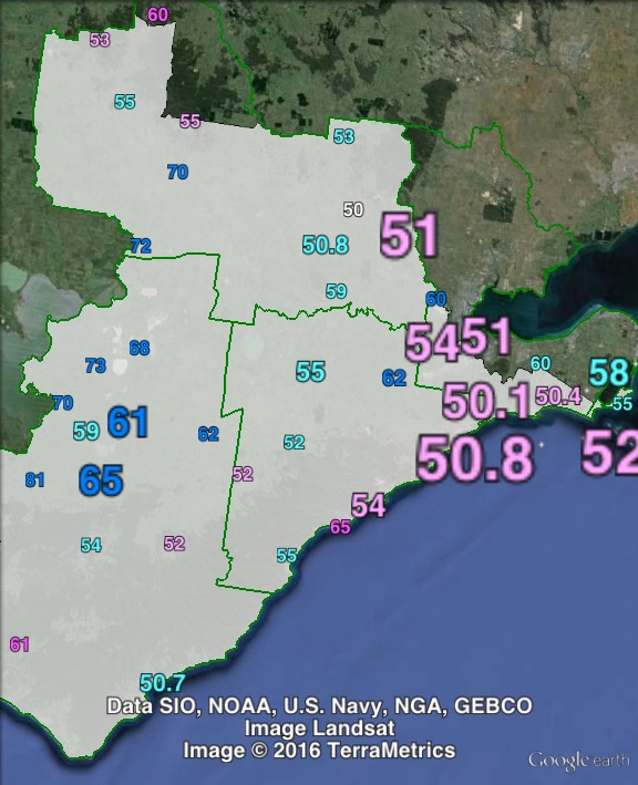 Two-party-preferred votes in Corangamite at the 2013 federal election.