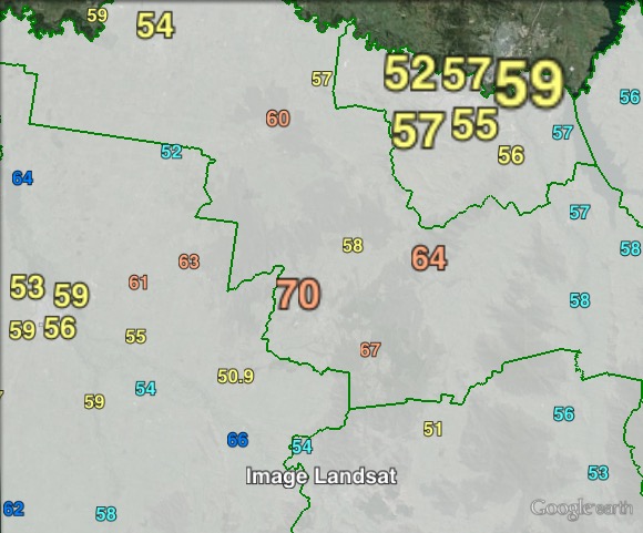 Two-candidate-preferred (Independent vs Liberal) votes in northern parts of Indi at the 2013 federal election.