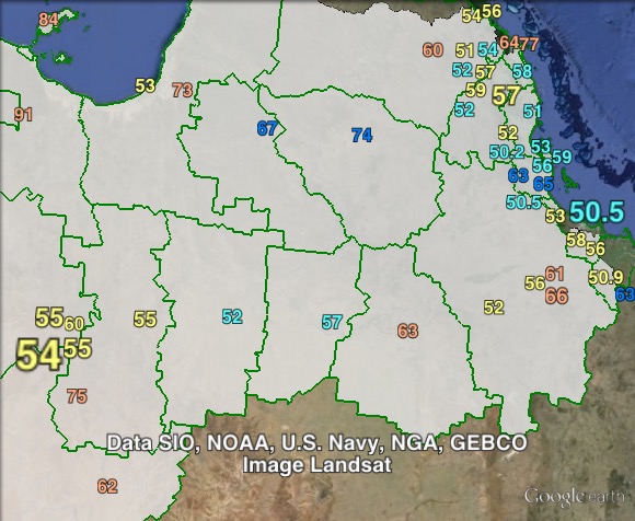 Two-candidate-preferred (KAP vs LNP) votes in Kennedy at the 2013 federal election.