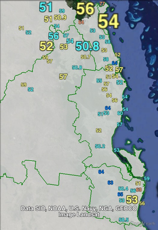 Two-candidate-preferred (KAP vs LNP) votes in coastal parts of Kennedy at the 2013 federal election.