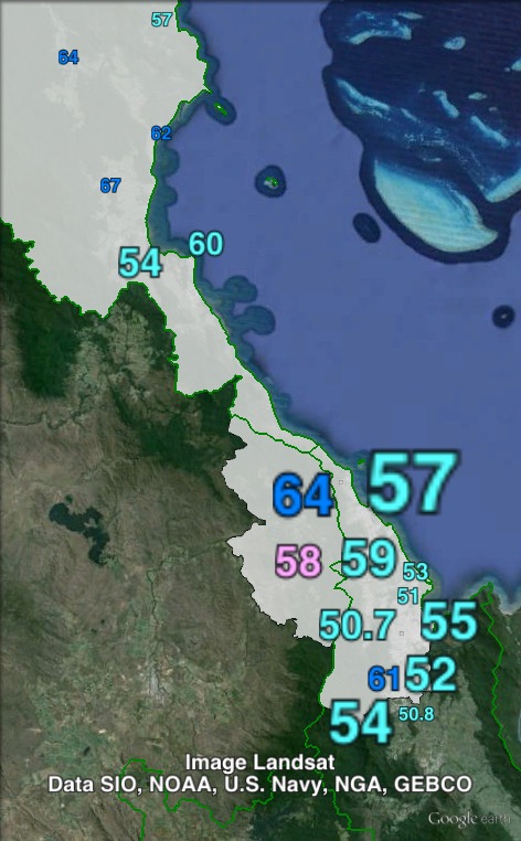 Two-party-preferred votes in areas surrounding Cairns at the 2013 federal election.