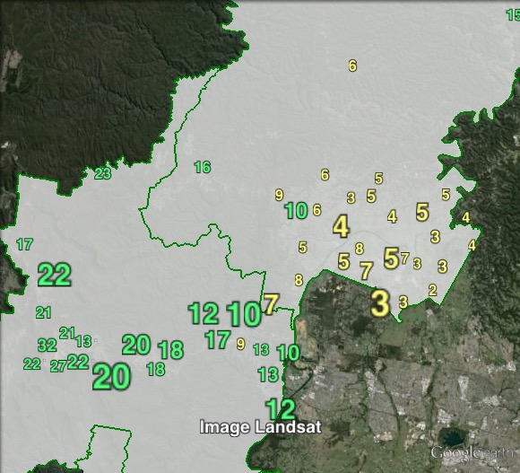 Greens primary votes in Macquarie at the 2013 federal election.