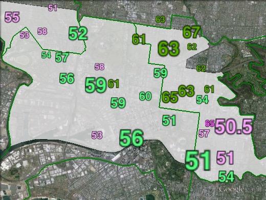 Two-candidate-preferred (Greens vs Labor) votes in Melbourne at the 2013 federal election.