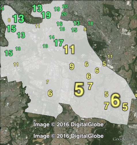 Greens primary votes in Moreton at the 2013 federal election.