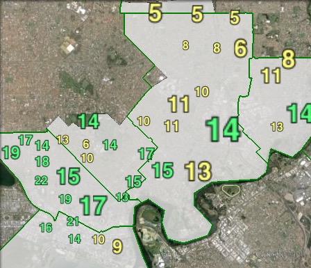 Greens primary votes in Perth at the 2013 federal election.