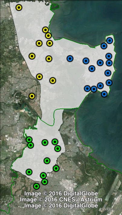 Polling places in Petrie at the 2013 federal election. East in blue, South in green, West in yellow. Click to enlarge.