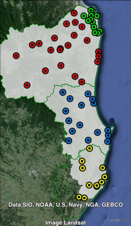 Polling places in Richmond at the 2013 federal election. Ballina in yellow, Byron in blue, Tweed Heads in green, Tweed Shire in red. Click to enlarge.