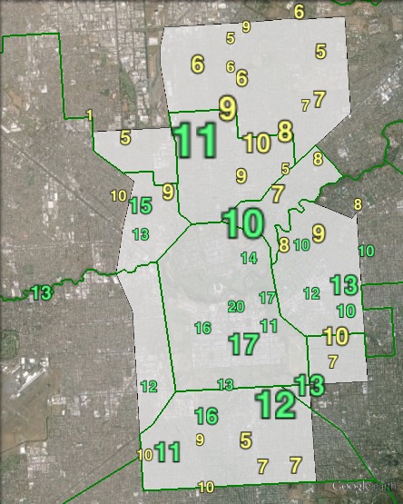 Greens primary votes in Adelaide at the 2013 federal election.