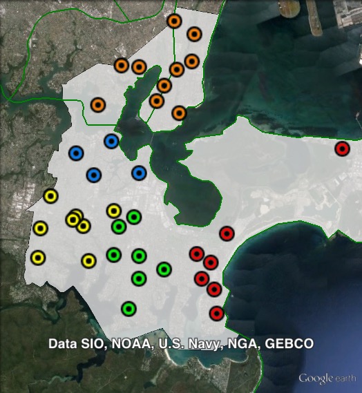 Polling places in Cook at the 2013 federal election. Caringbah in green, Cronulla in red, Gymea-Miranda in yellow, Sans Souci in orange, Sylvania in blue. Click to enlarge.