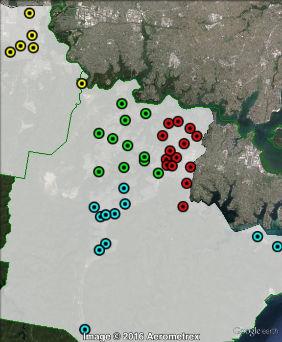 Polling places in Hughes at the 2013 federal election. Central in green, East in red, North-West in yellow, South in blue. Click to enlarge.