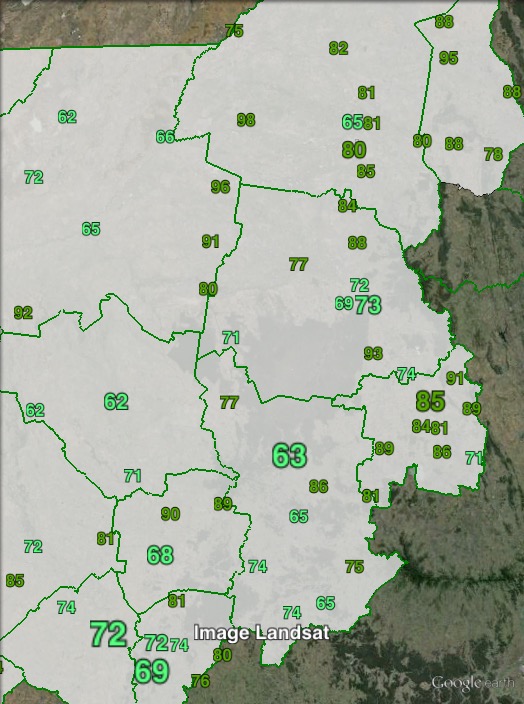 Two-party-preferred votes in eastern Parkes at the 2013 federal election.