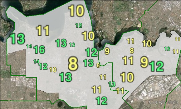 Greens primary votes in Tangney at the 2013 federal election.