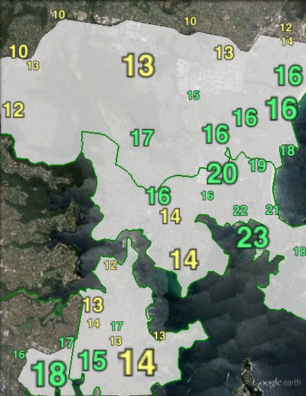 Greens primary votes in Warringah at the 2013 federal election.